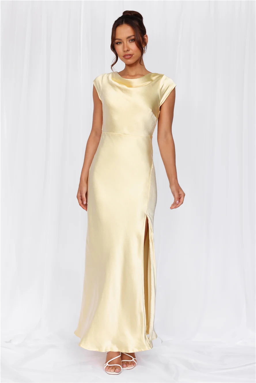 The Valentina Cap Sleeve Satin Maxi Dress Yellow