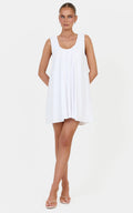 Lucinda Mini Dress - Deep U Gathered Neck Smock Dress in White