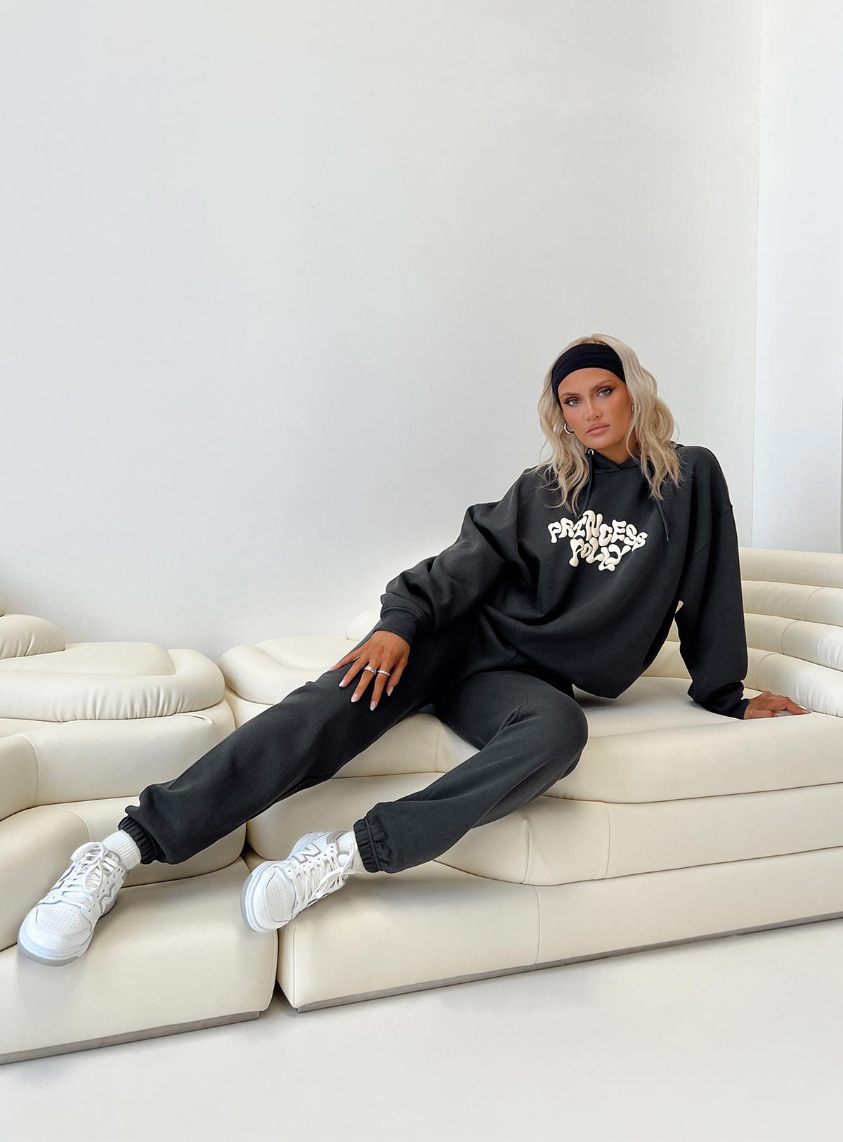 Princess Polly Track Pants Squiggle Text Black Sand / Eggshell