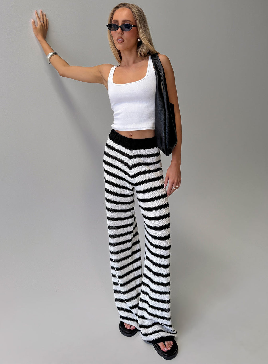 Good Things Flare Knit Pants White / Black Stripe