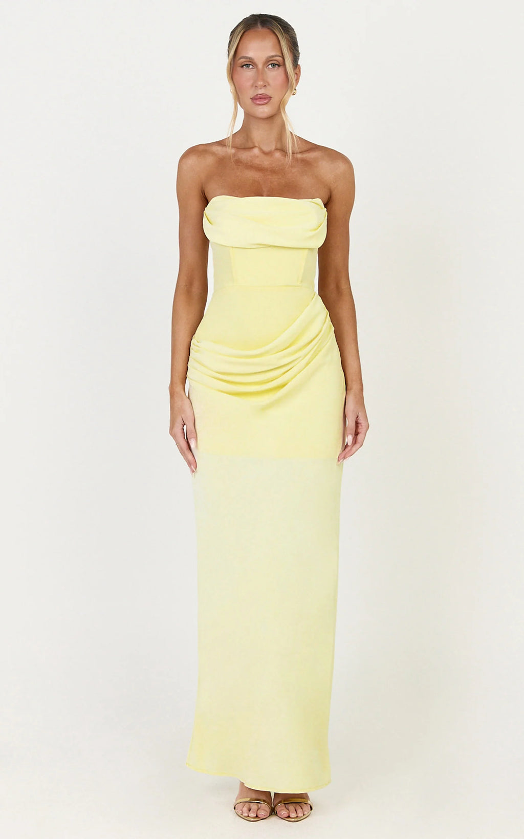 Phoebe Maxi Dress - Strapless Structured Bodice Drape Skirt Dress in Lemon