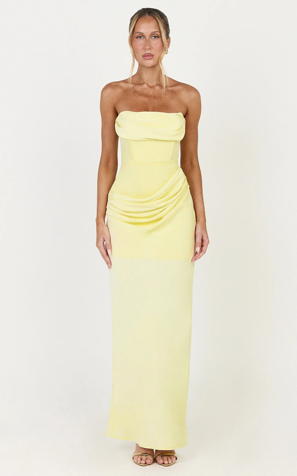 Phoebe Maxi Dress - Strapless Structured Bodice Drape Skirt Dress in Lemon