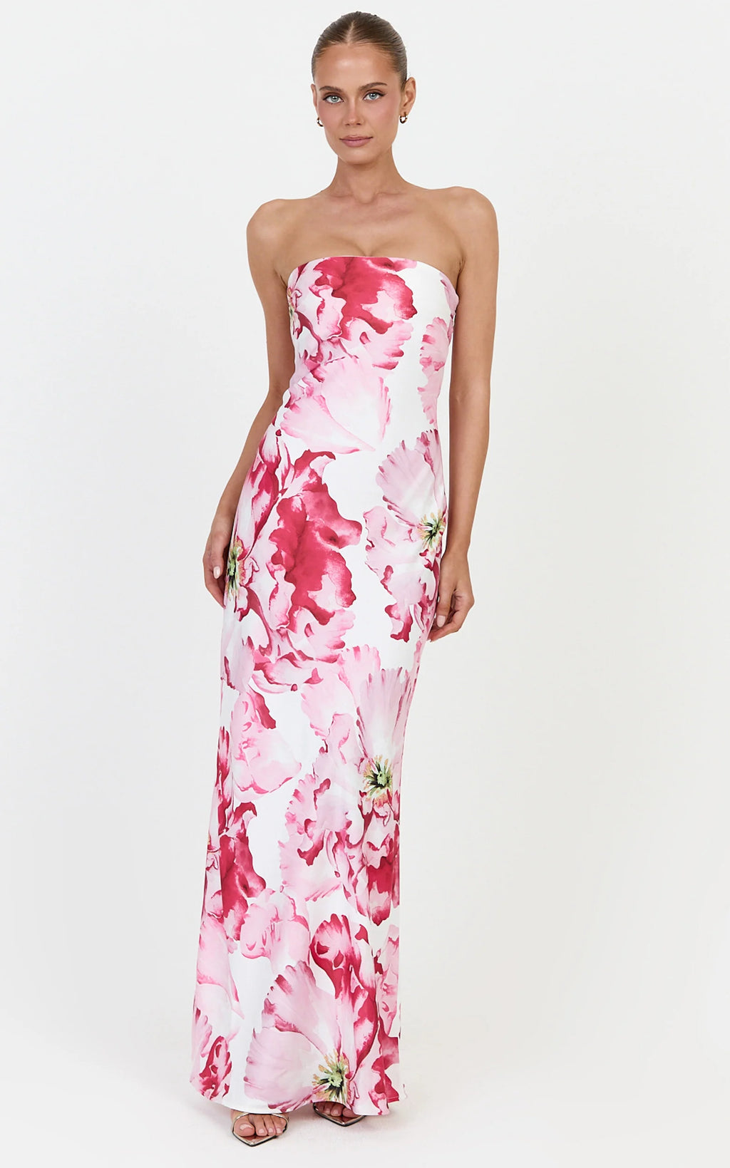Alessia Maxi Dress - Strapless Fitted Dress in Poppy On White Print