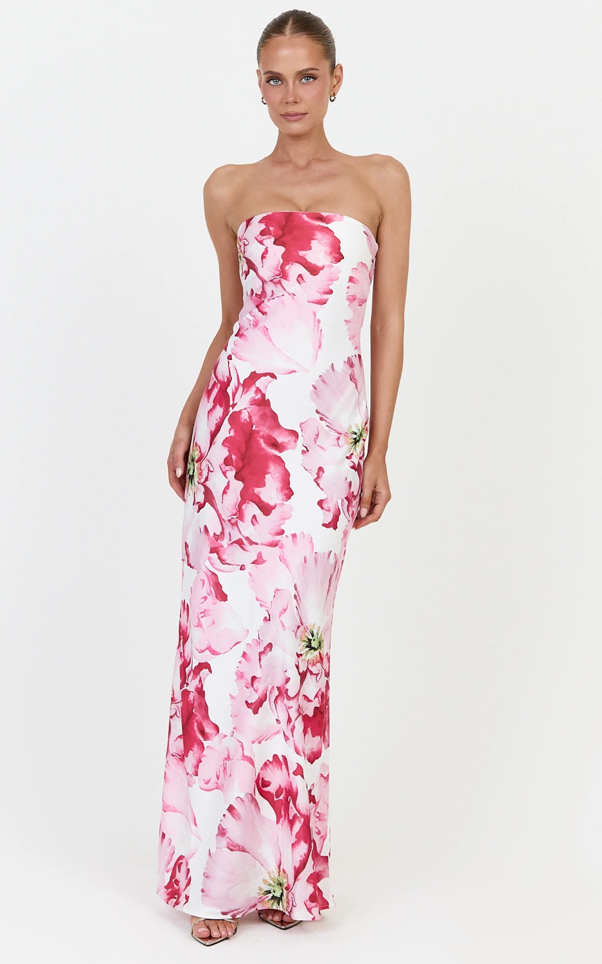 Alessia Maxi Dress - Strapless Fitted Dress in Poppy On White Print