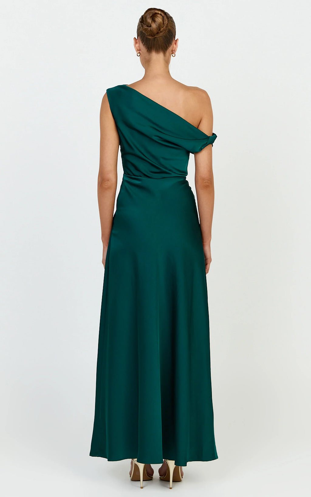 Lira Maxi Dress - One Shoulder Satin Dress in Emerald