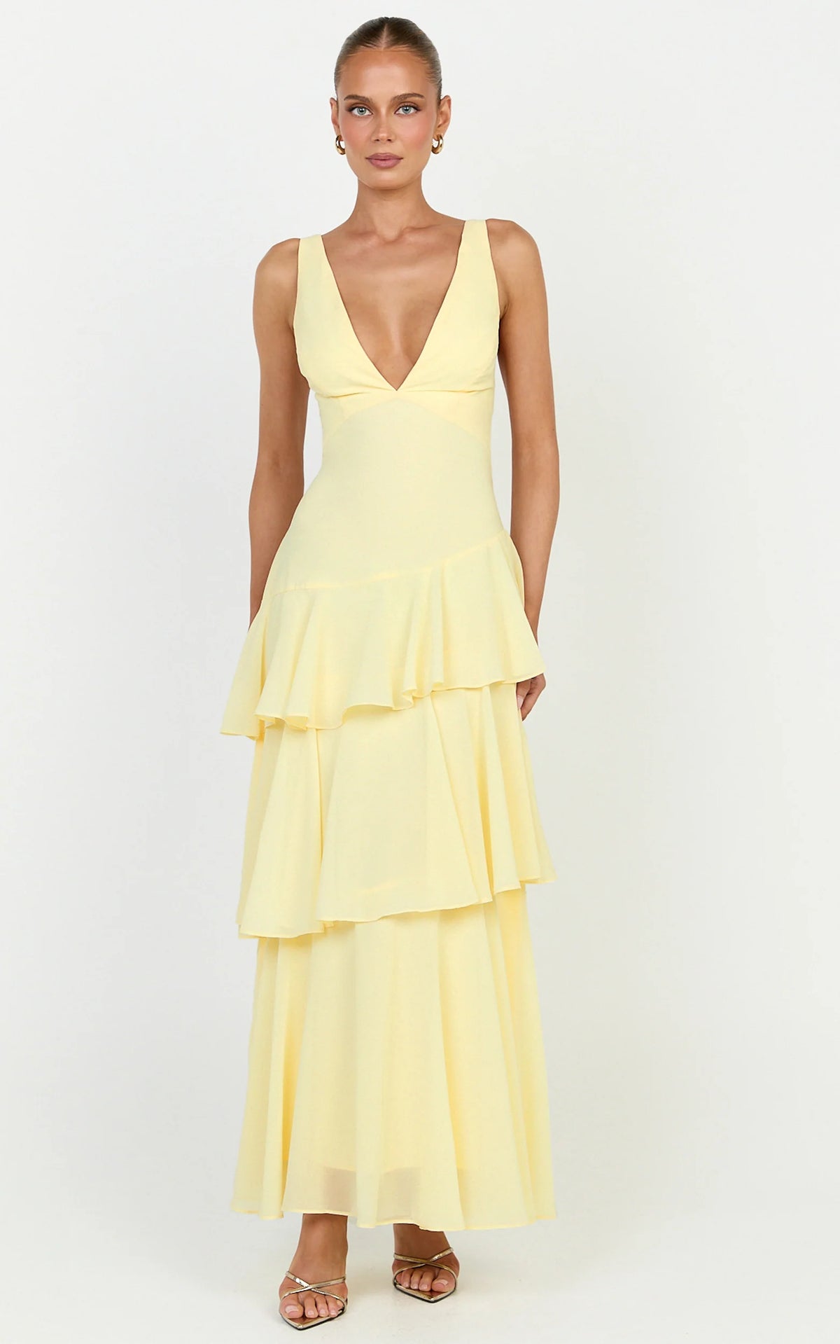 Beryl Midi Dress - Deep V Neck Sleeveless Layered Dress in Lemon