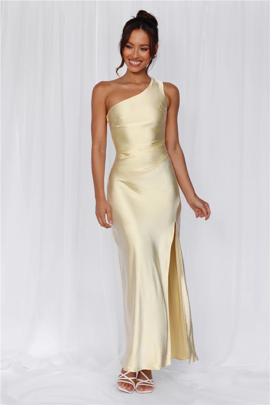 The Aurora One Shoulder Satin Maxi Dress Yellow