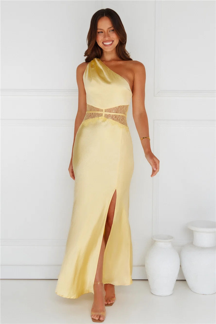 Show You Love One Shoulder Satin Maxi Dress Yellow