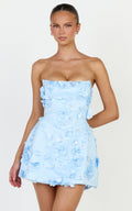 Delphine Mini Dress - Strapless Floral Embellished A Line Dress in Blue