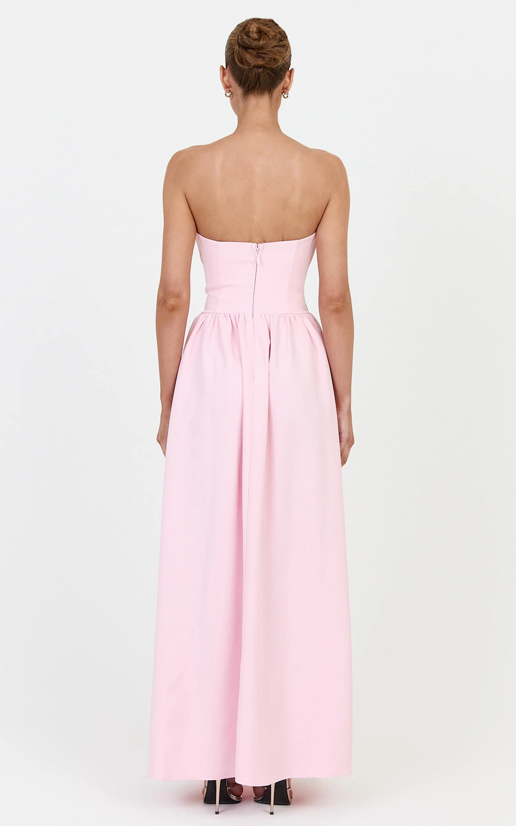 Juno Maxi Dress - Strapless Structured Ruffle Fit And Flare Dress in Ice Baby Pink