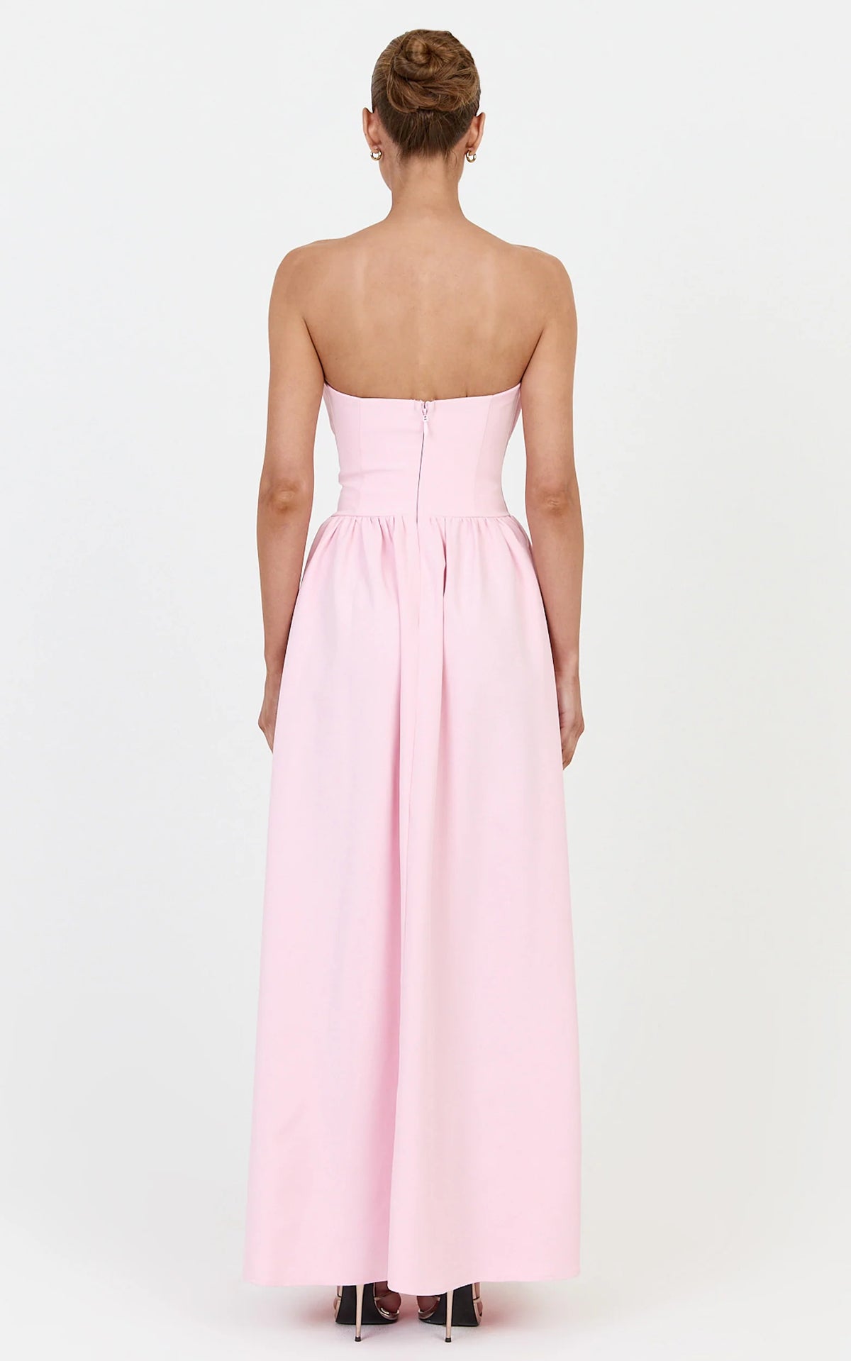 Juno Maxi Dress - Strapless Structured Ruffle Fit And Flare Dress in Ice Baby Pink