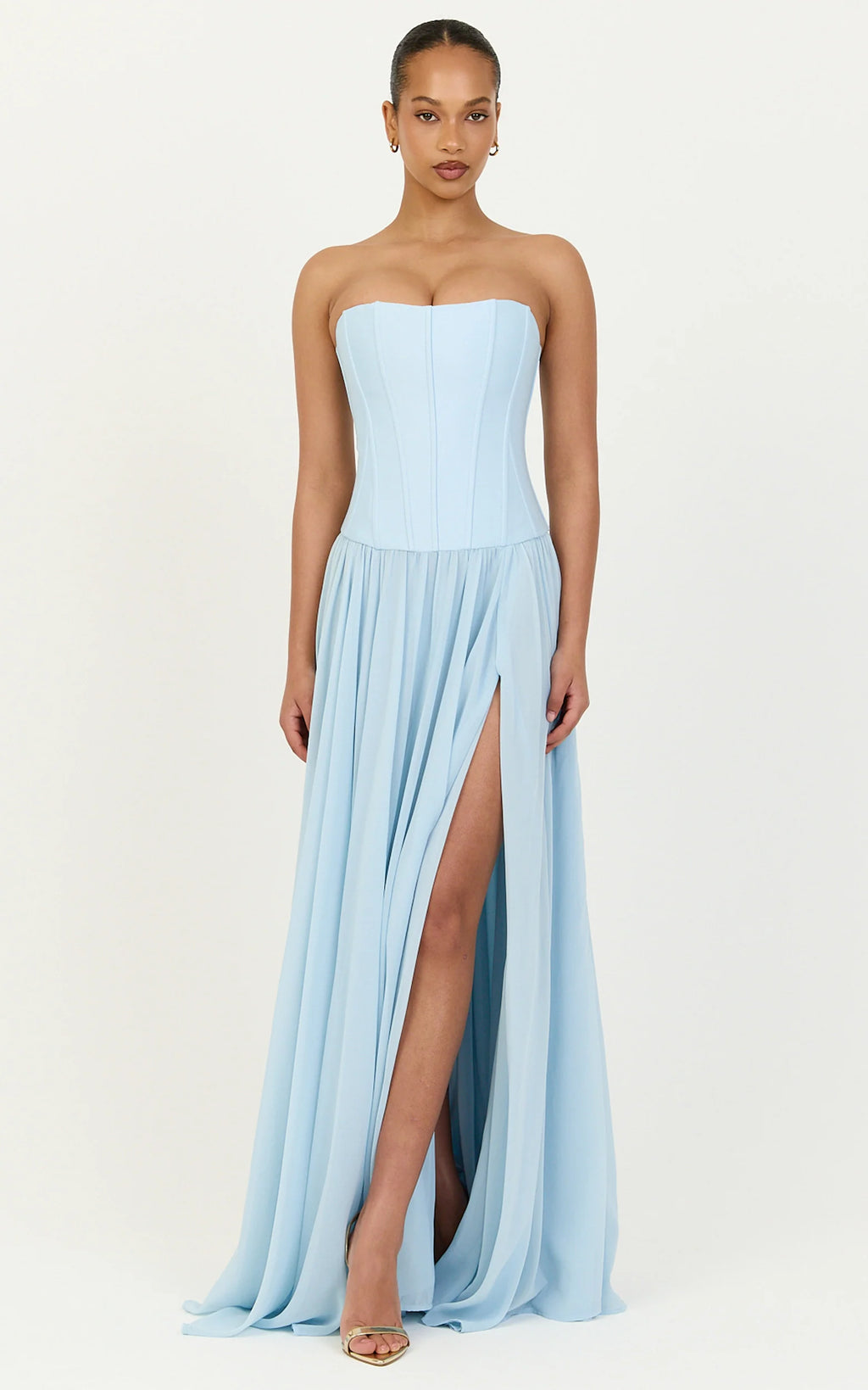 Eugene Maxi Dress - Contrast Strapless Fit And Flare High Split Dress in Blue