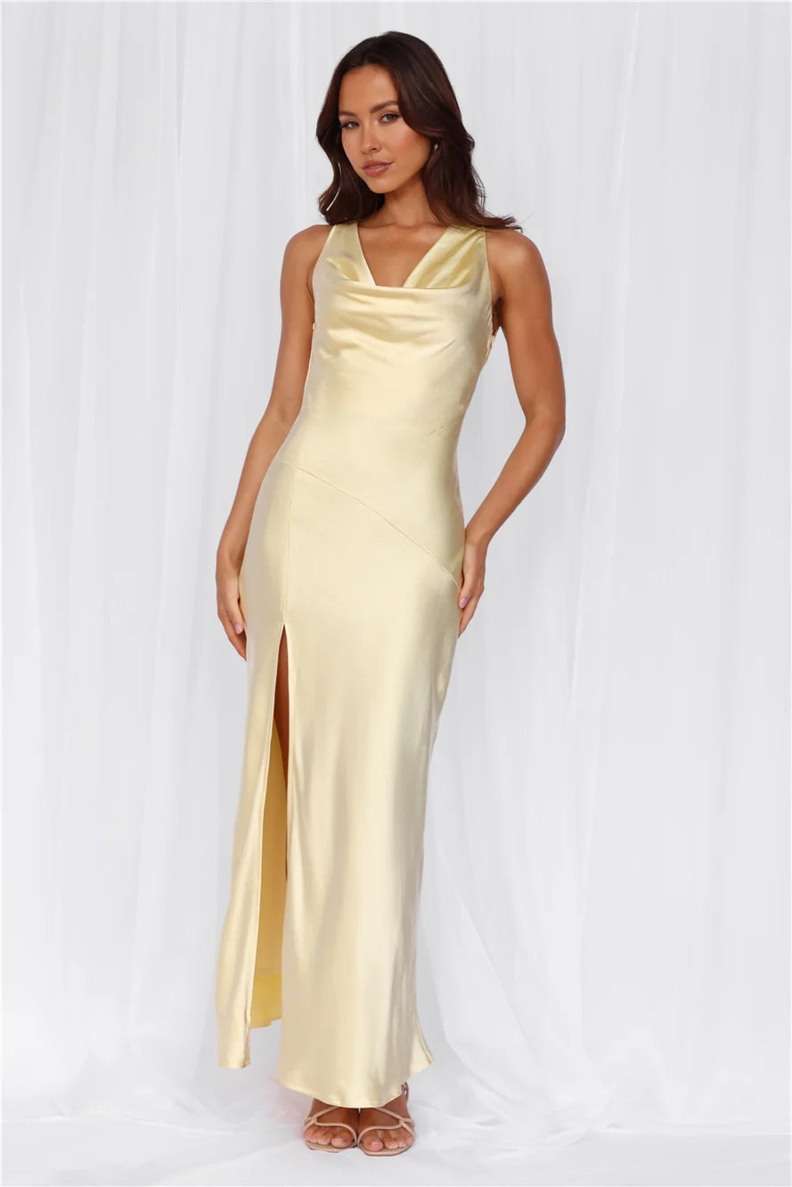 The Loretta Cowl Satin Maxi Dress Yellow