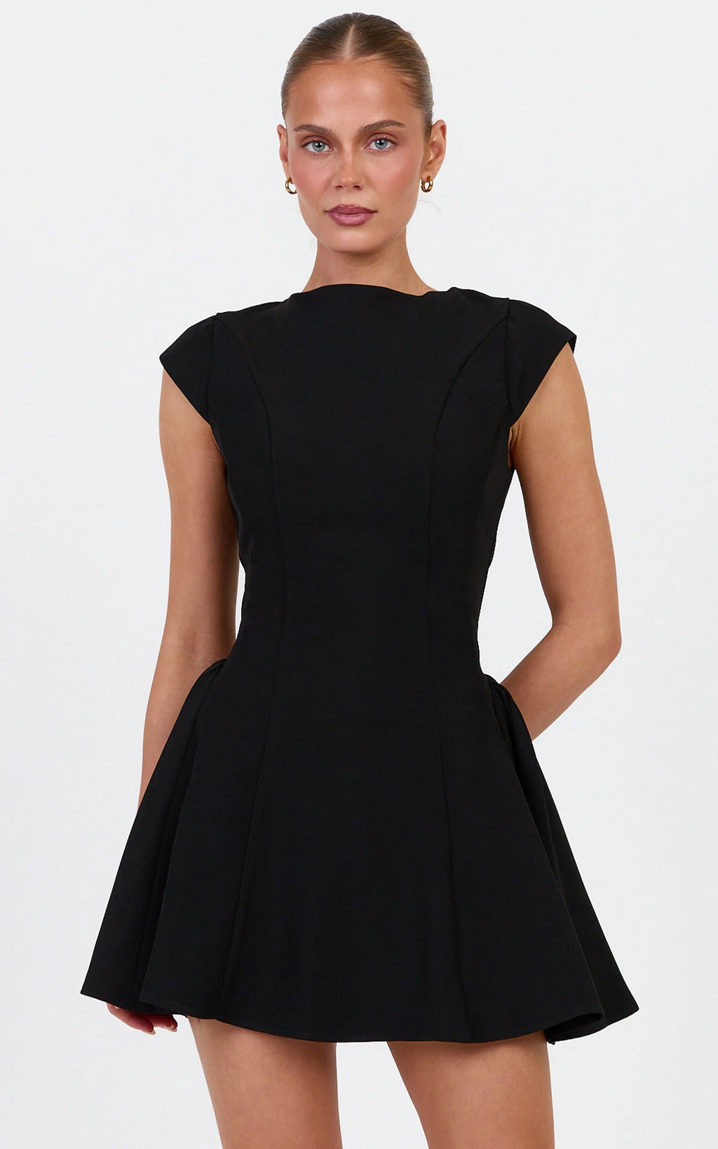 Lorayne Mini Dress - Cap Sleeve Gathered Hip Tie Back Mini Dress in Black