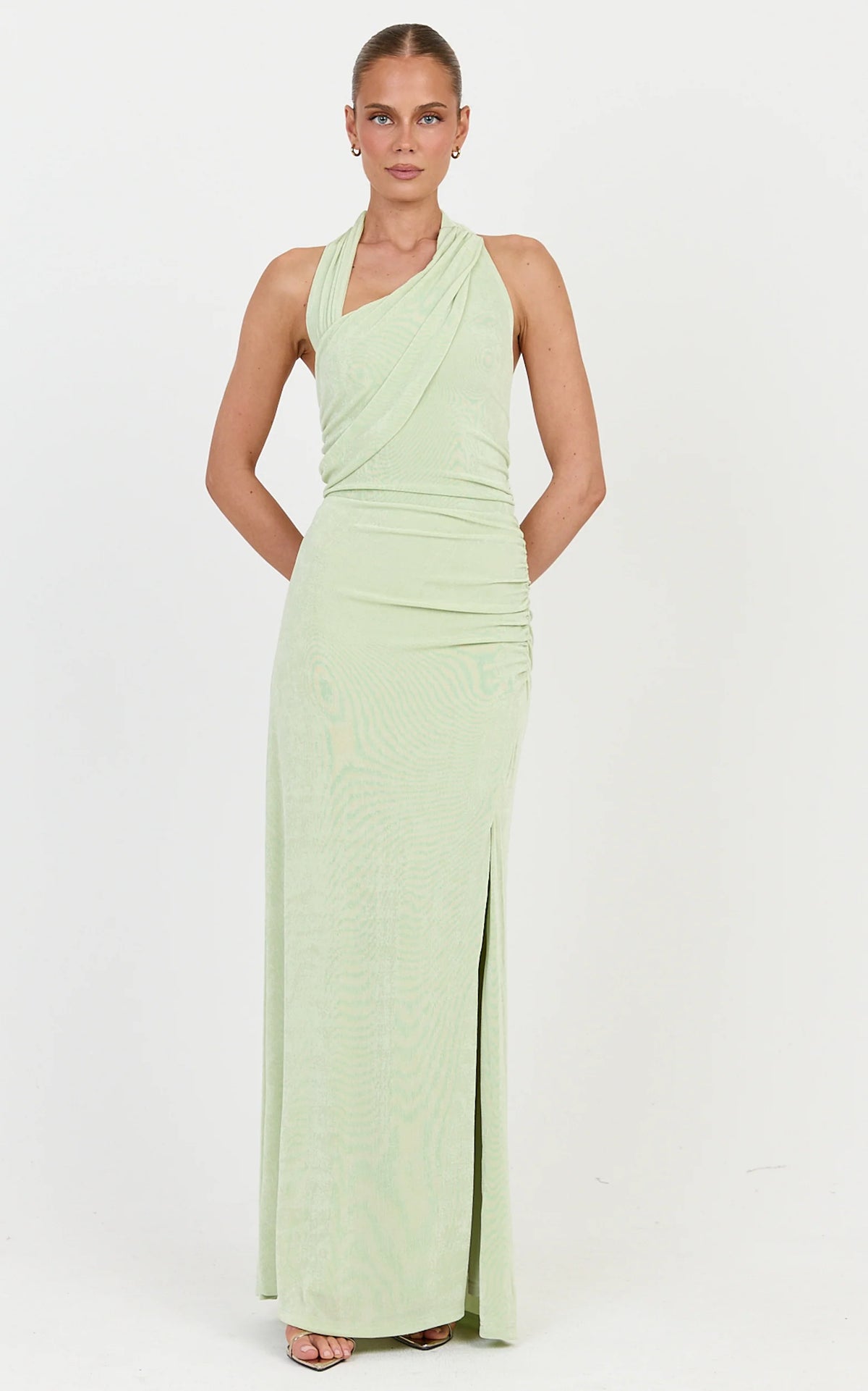 Matilda Maxi Dress - Draped Halterneck Side Split Maxi Dress in Pistachio