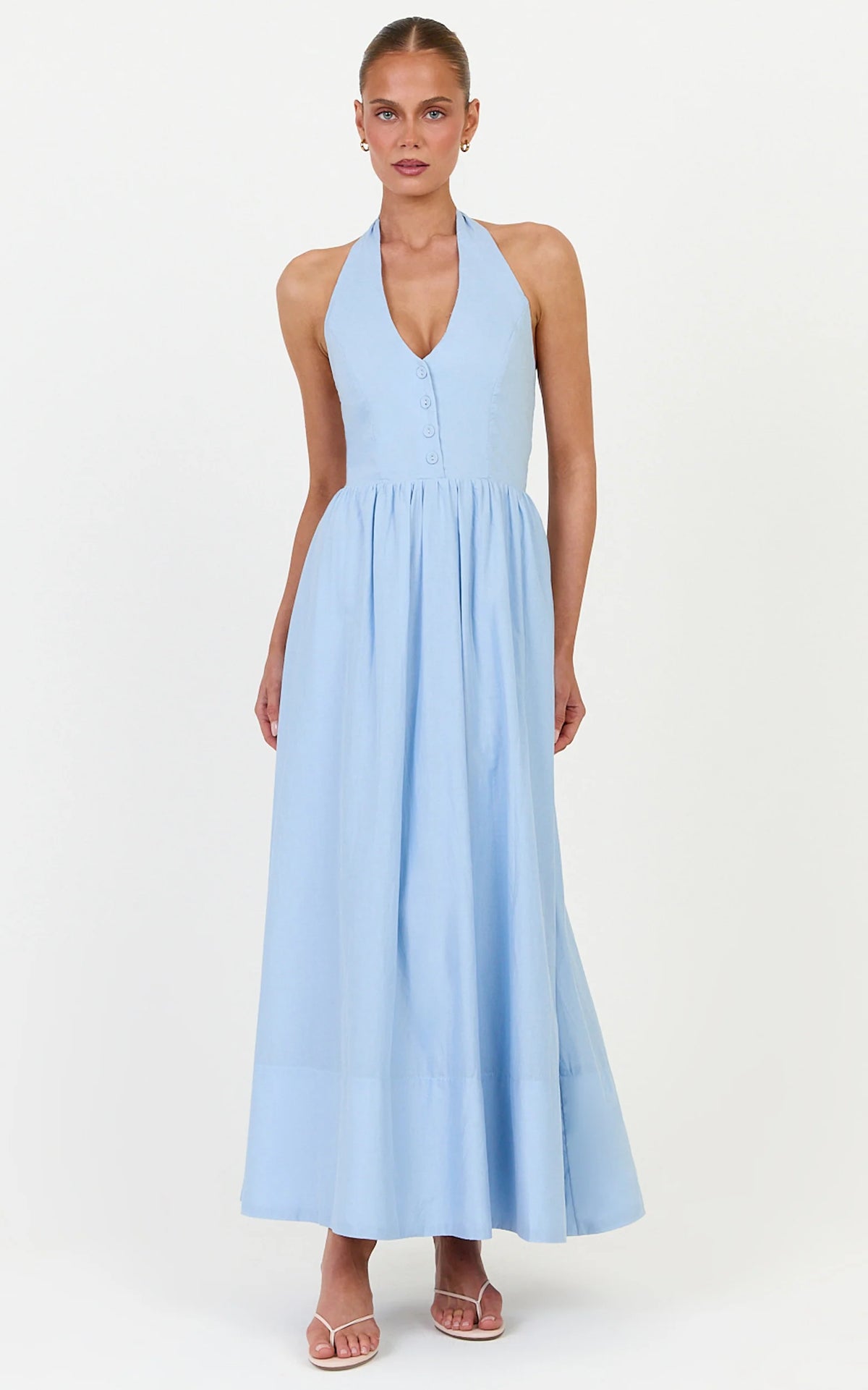 Everly Midi Dress - Tie Halter Neck Button Down Bodice Fit And Flare Dress in Cornflower Blue