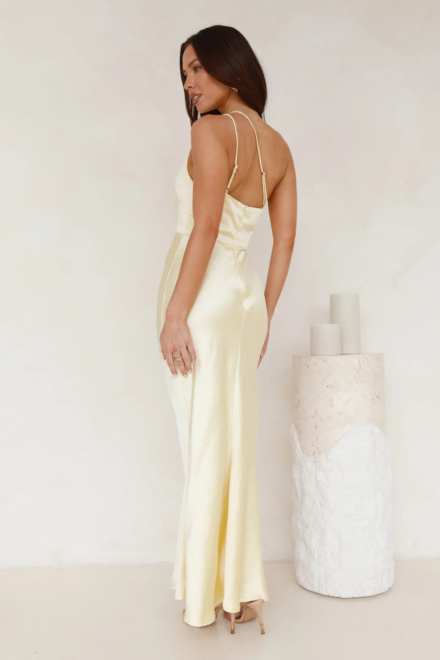 Luxe Charm One Shoulder Satin Maxi Dress Yellow