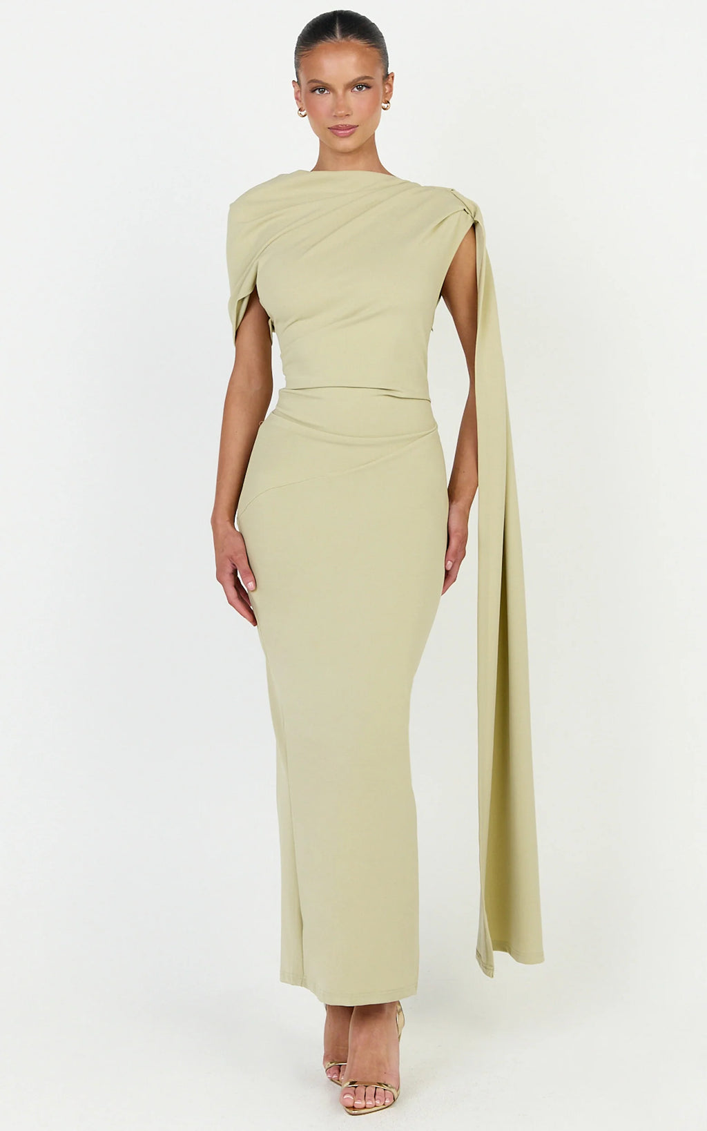 Visenta Midi Dress - Asymmetrical Sleeve Dress in Sage