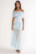 Clarita Sheer Ruched Maxi Dress Embellished Blue