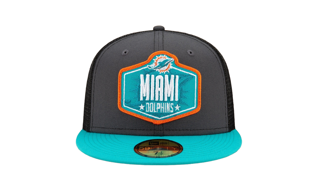 59FIFTY Miami Dolphins 2021 Draft Authentic Fitted Hat Graphite and Black / Teal - Brim NE784