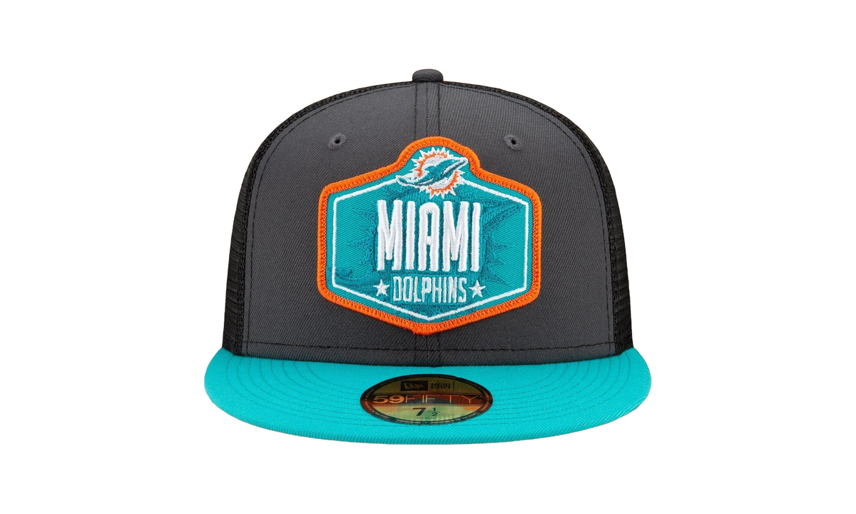 59FIFTY Miami Dolphins 2021 Draft Authentic Fitted Hat Graphite and Black / Teal - Brim NE784