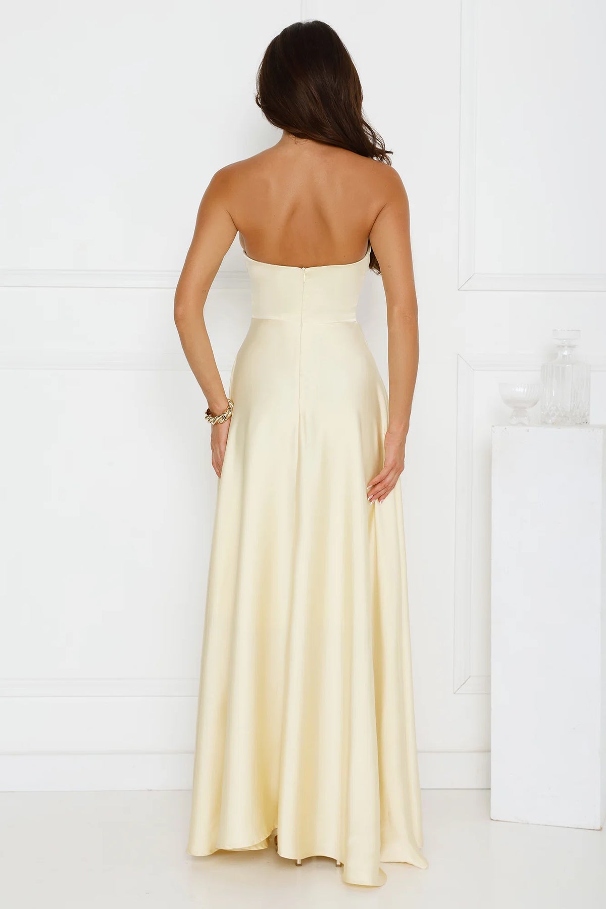 Unspoken Wishes Strapless Satin Maxi Dress Yellow
