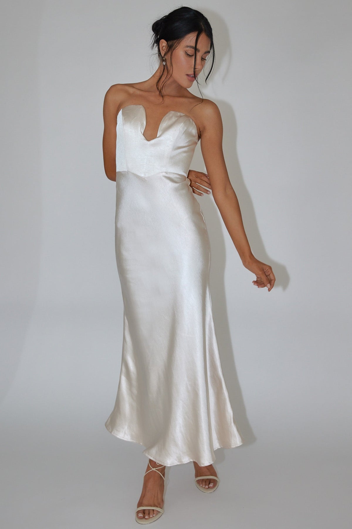 Encore Strapless Satin Maxi Dress Champagne