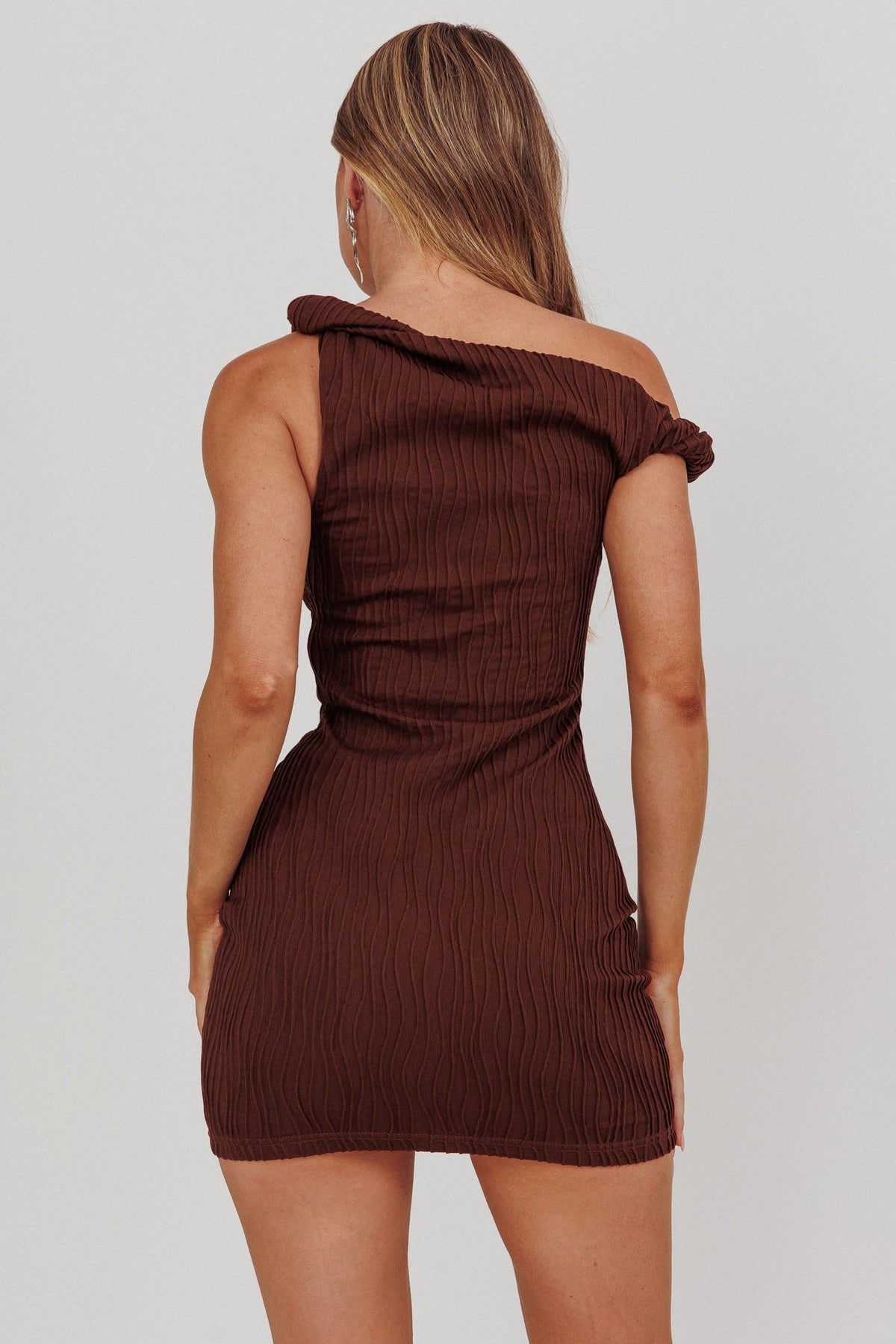 Lingering Love One-Shoulder Mini Dress Brown