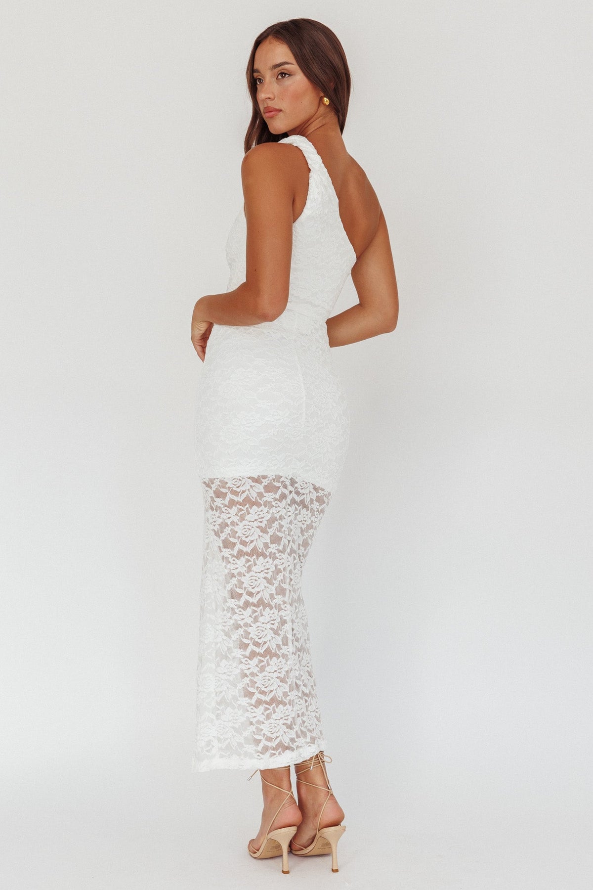Lingering Love One-Shoulder Split Midi Dress Lace White