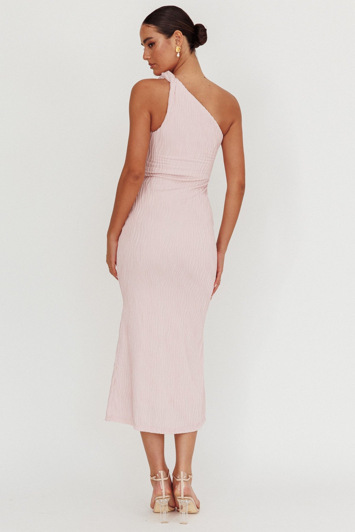 Lingering Love One-Shoulder Twist Midi Dress Blush