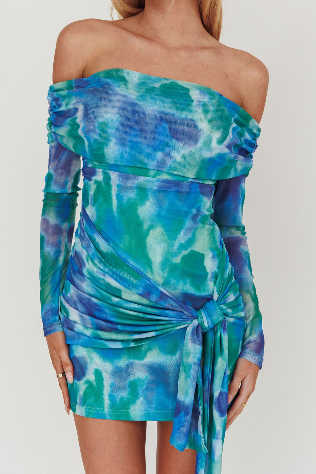 Dangerous Off-Shoulder Waist Tie Mesh Mini Dress Print Blue