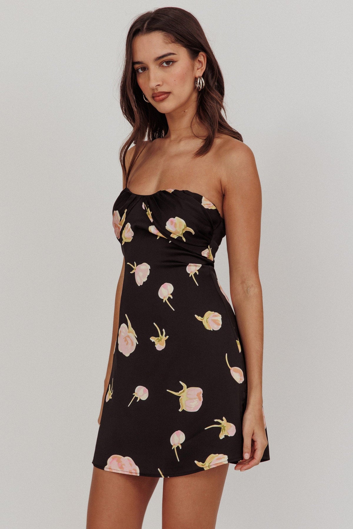 Sian Strapless Sweetheart Mini Dress Flowers Black