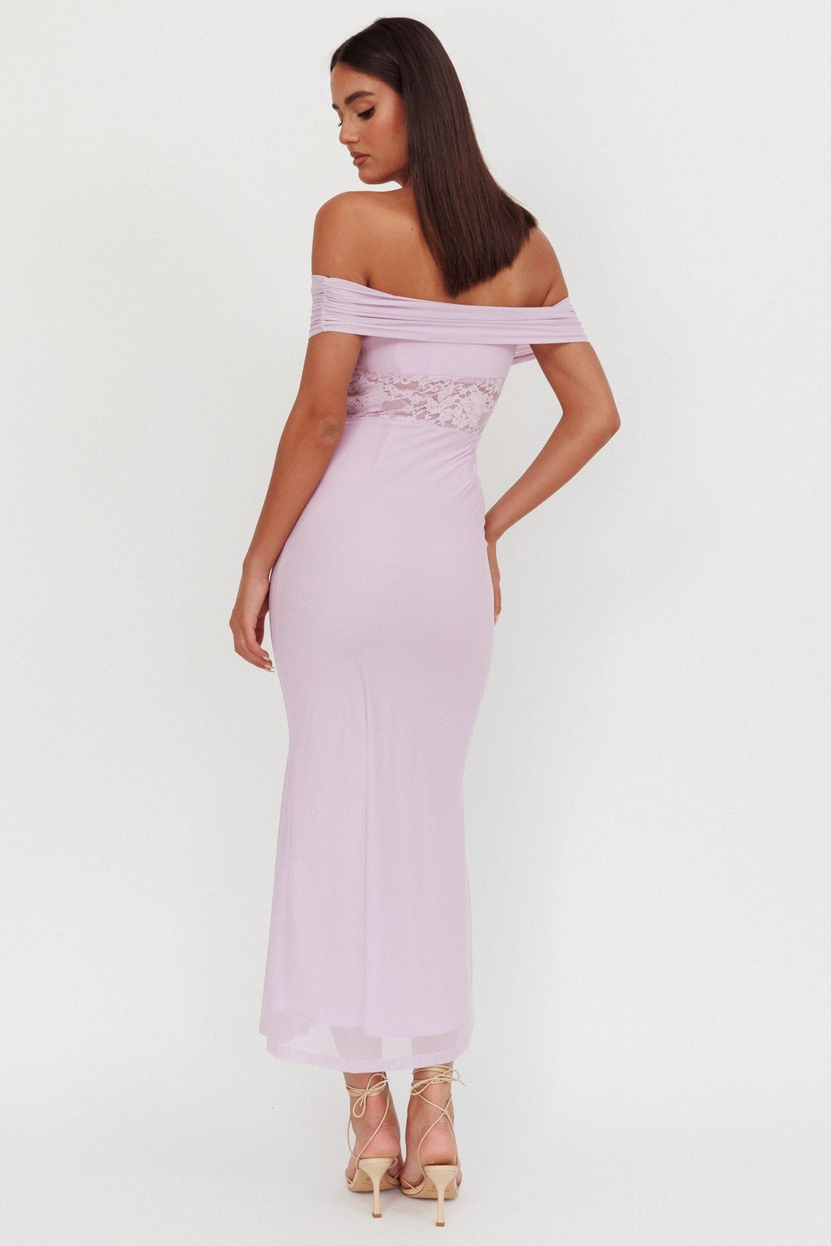 Flutters Off-Shoulder Lace Insert Maxi Dress Lilac