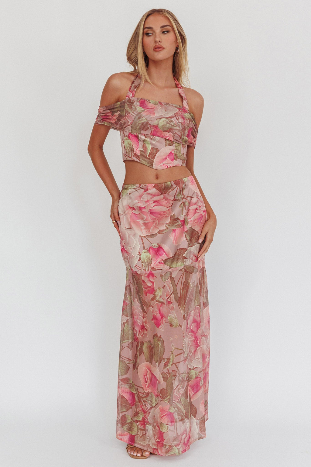 Sunset High Halterneck Crop Top Floral Blush