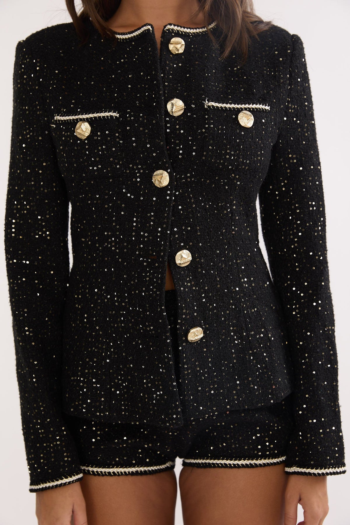 Kyomi Gold Button Tweed Jacket Black Gold