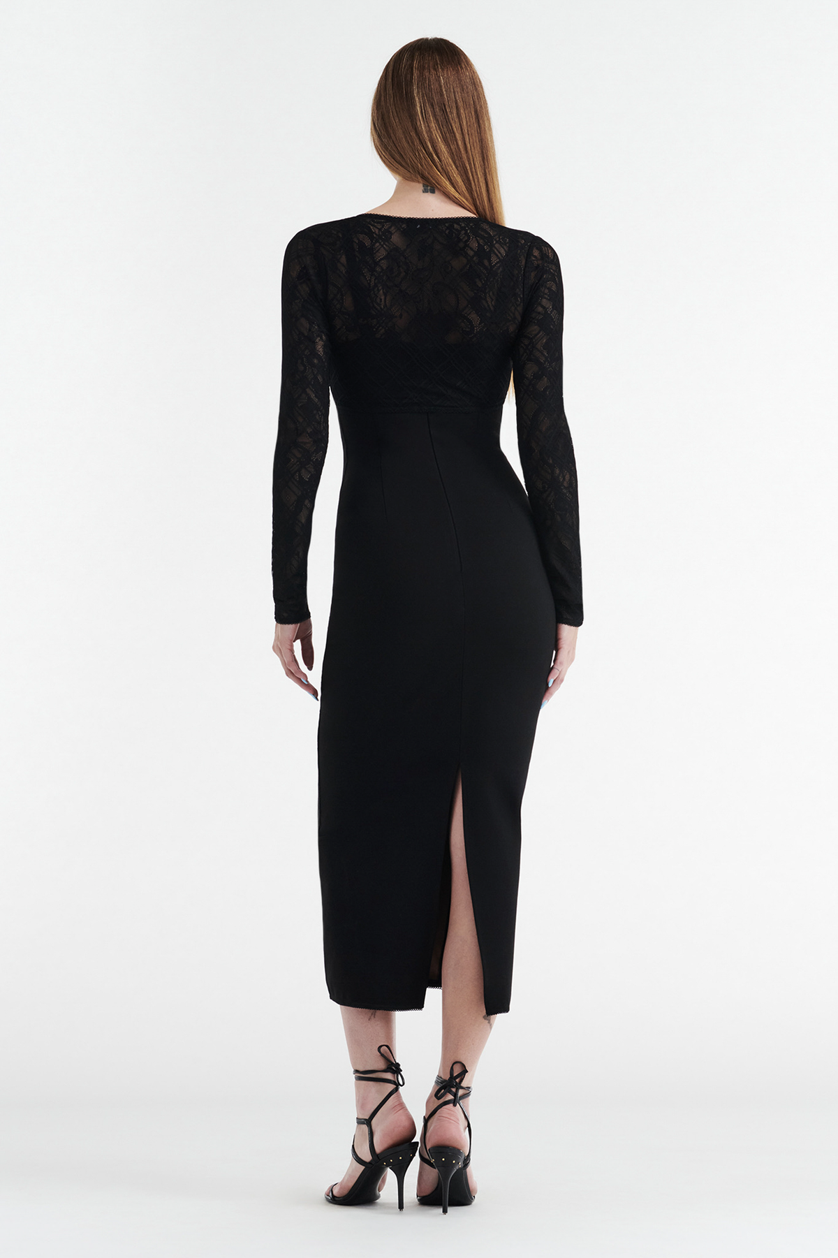MARGOT TWO PIECE FITTED LACE MIDI DRESS - BLACK