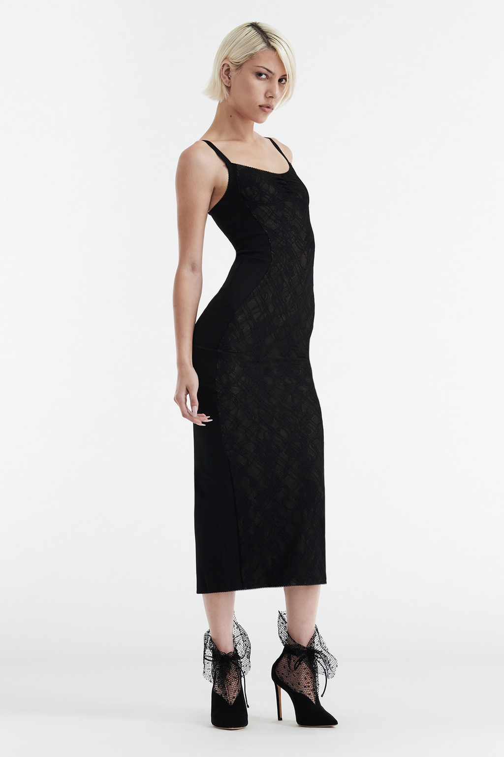 MARGOT TWO PIECE FITTED LACE MIDI DRESS - BLACK