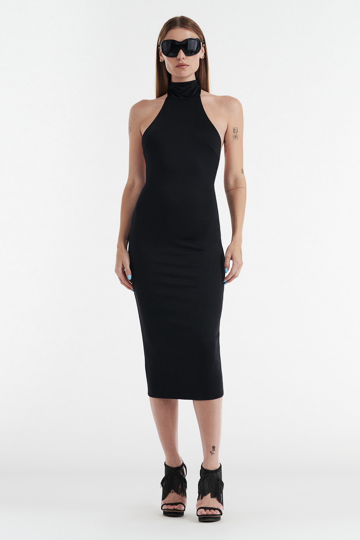 CLEO HALTER TIE MIDI DRESS - BLACK