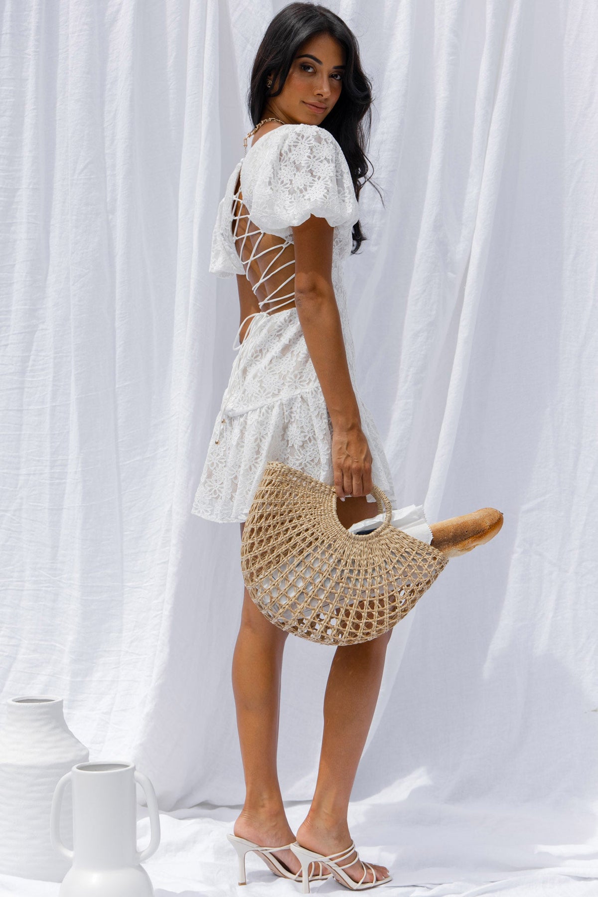 Petite Cherie Puff Sleeve Lace-Up Back Dress Lace White