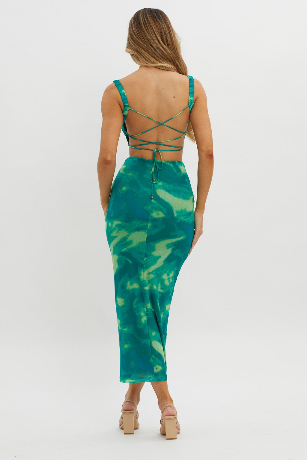 Dream Crush Lace-Up Back Side Split Maxi Dress Swirl Green