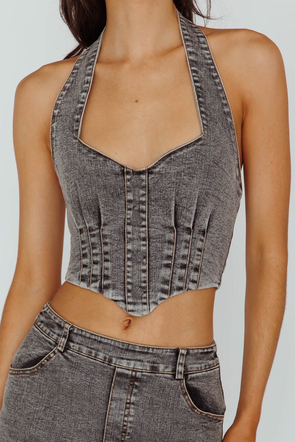 Zurich Halter Crop Top Denim Grey