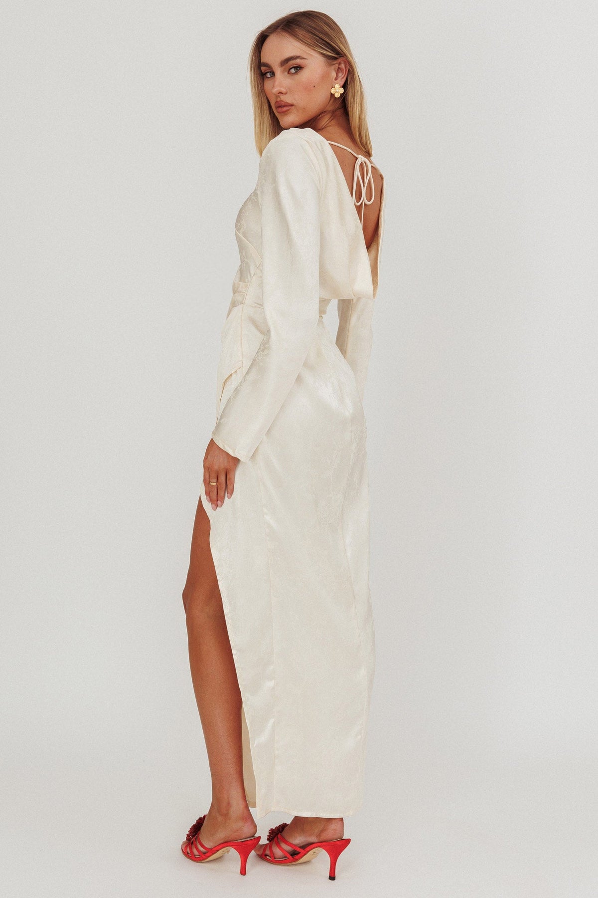 Loveland Long Sleeve Cowl Back Maxi Dress Beige