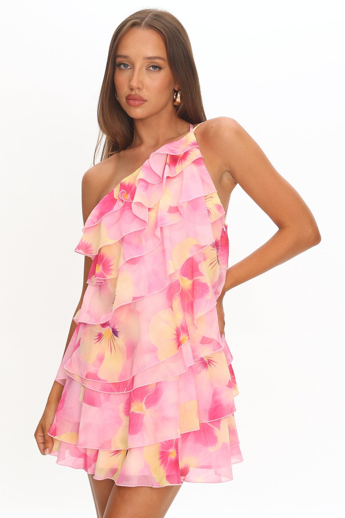 Arrabel Ruffle Trim One-Shoulder Mini Dress Floral Pink