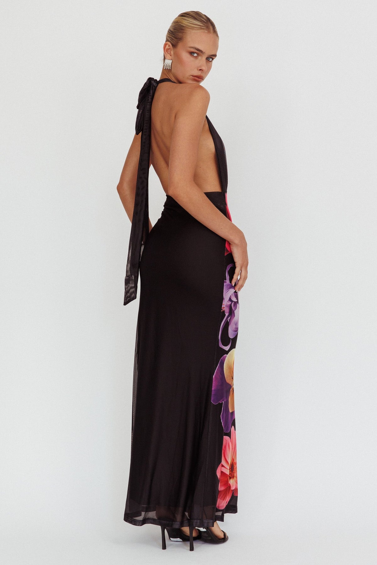 Italia Azure Halterneck Maxi Dress Flowers Black