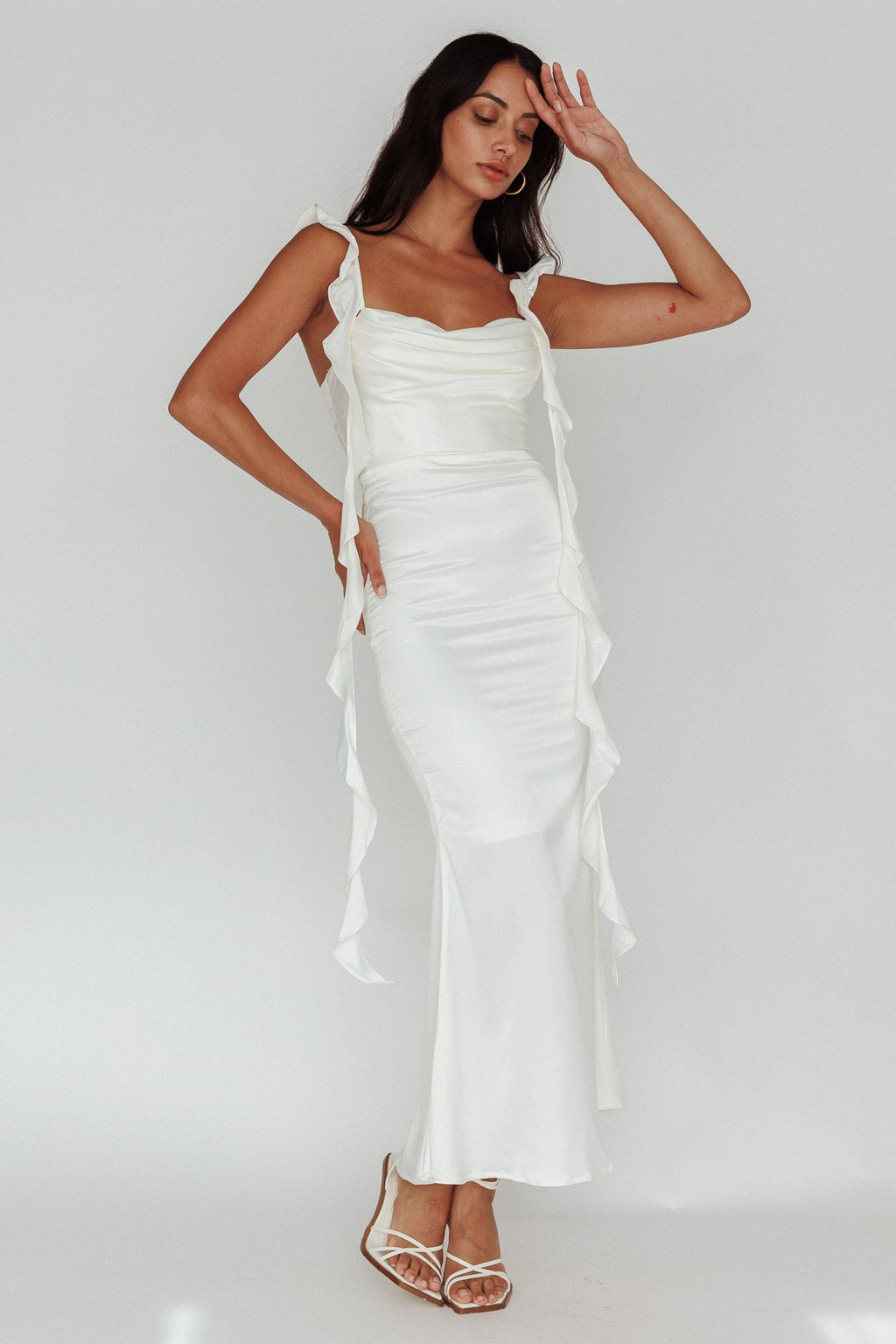 Blushing Ruffle Trim Midi Dress Oyster