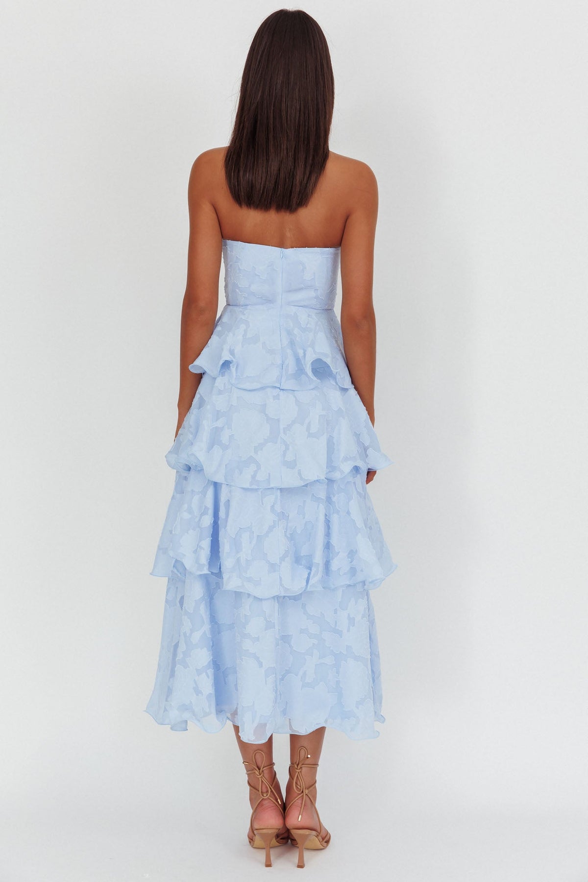 Giavana Strapless Layered Midi Dress Floral Embossed Blue