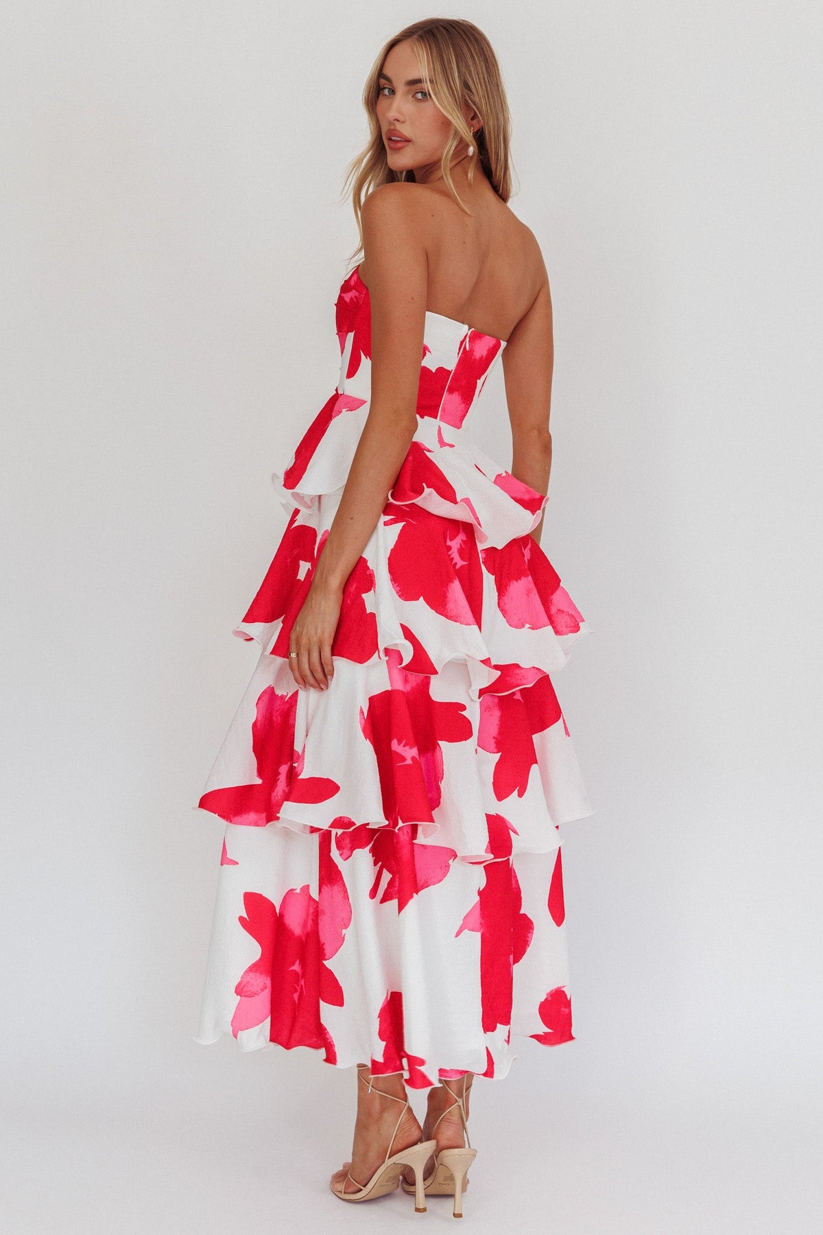 Giavana Strapless Layered Midi Dress Floral Red