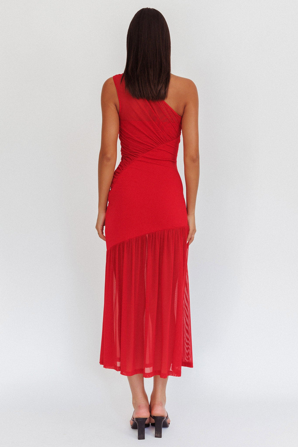 Passion One-Shoulder Mesh Maxi Dress Red