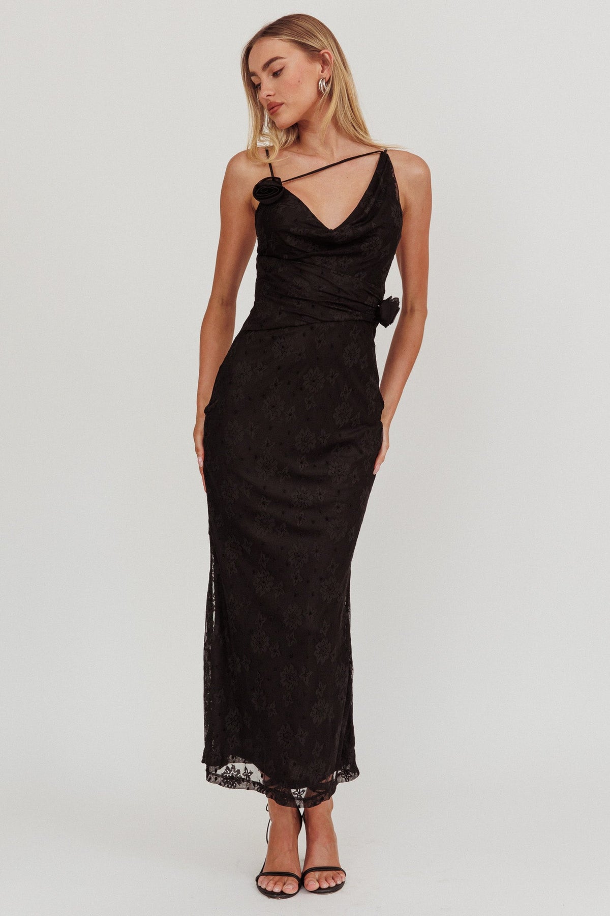Golden Glow Rosette Cowl Neck Maxi Dress Black