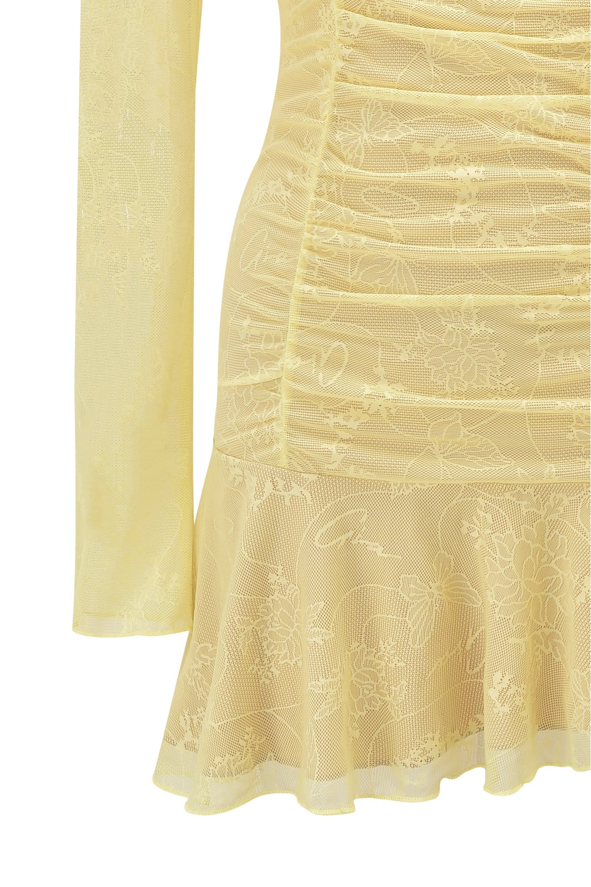 YVETTE LACE LONG SLEEVE RUCHED MINI DRESS - YELLOW